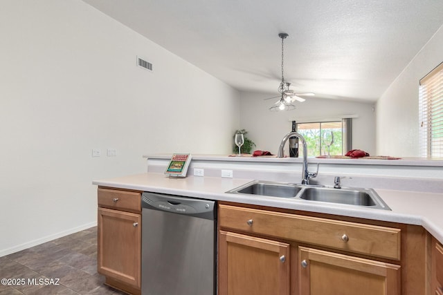 kitchen with stainless steel dishwasher, ceiling fan, sink, and lofted ceiling