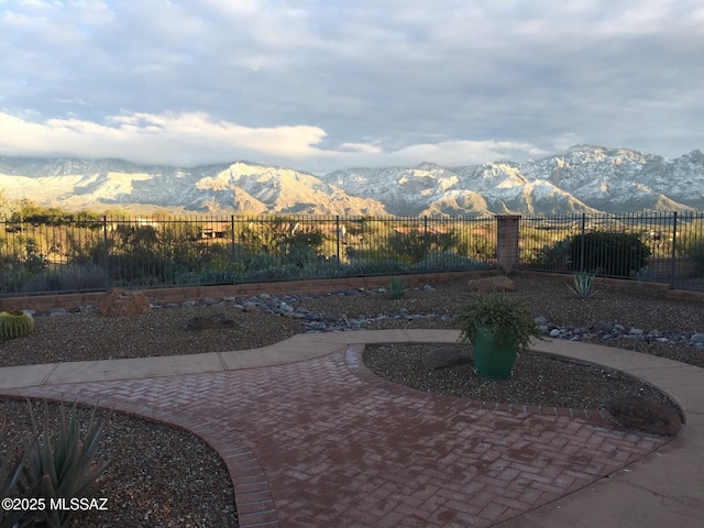 view of patio featuring a mountain view