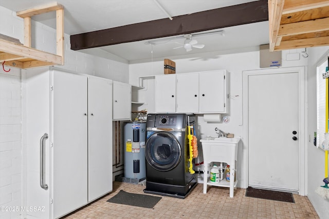 laundry area with ceiling fan, electric water heater, cabinet space, light floors, and washer / dryer