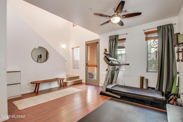 workout area with ceiling fan and light hardwood / wood-style flooring