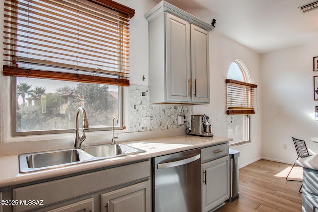 kitchen featuring stainless steel dishwasher, plenty of natural light, sink, and gray cabinets