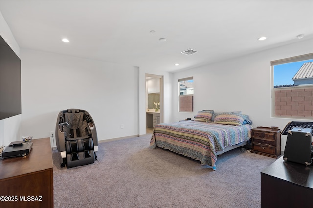 bedroom featuring carpet, visible vents, baseboards, and recessed lighting