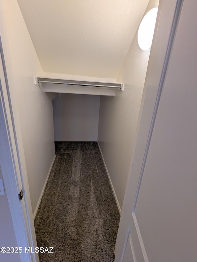 walk in closet featuring dark colored carpet