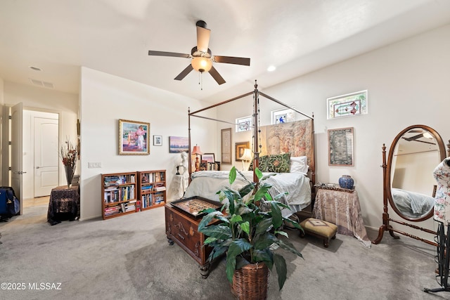 carpeted bedroom featuring ceiling fan