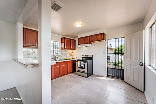 kitchen featuring sink, a wealth of natural light, and stainless steel range with electric stovetop