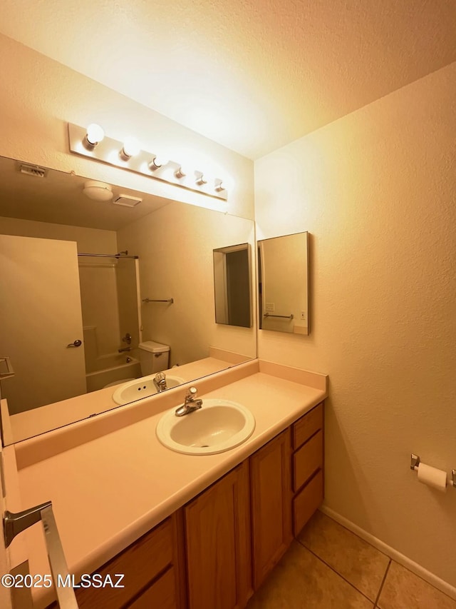 bathroom with visible vents, toilet, tile patterned flooring, bathtub / shower combination, and vanity