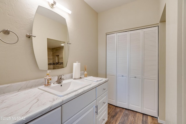 bathroom with a closet, wood finished floors, and vanity