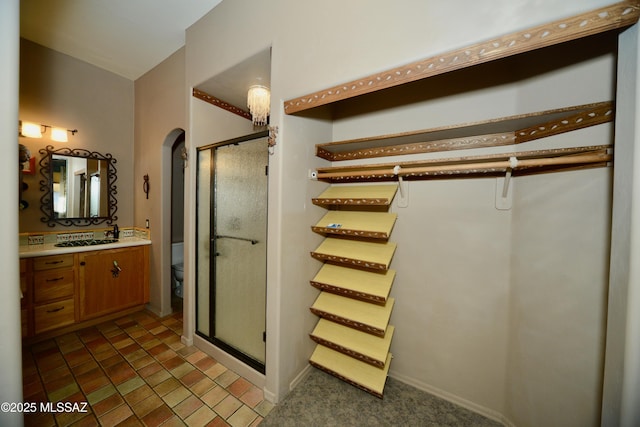 bathroom with toilet, walk in shower, and vanity