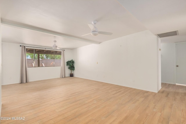 empty room featuring ceiling fan, beam ceiling, and light hardwood / wood-style flooring