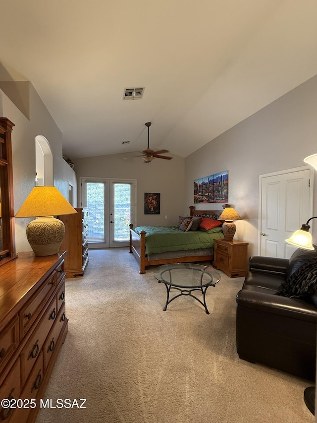 bedroom featuring french doors, light colored carpet, access to outside, ceiling fan, and lofted ceiling