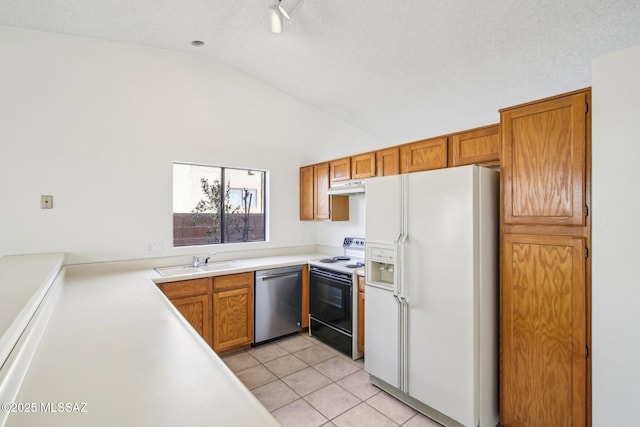 kitchen with light tile patterned flooring, sink, electric range, dishwasher, and white refrigerator with ice dispenser