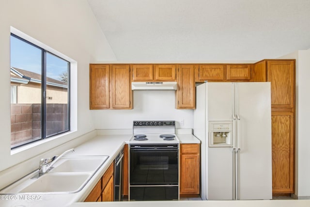 kitchen featuring dishwasher, white refrigerator with ice dispenser, sink, and electric range