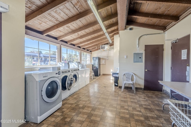 shared laundry area with wood ceiling, electric panel, washer and clothes dryer, and a wall mounted AC