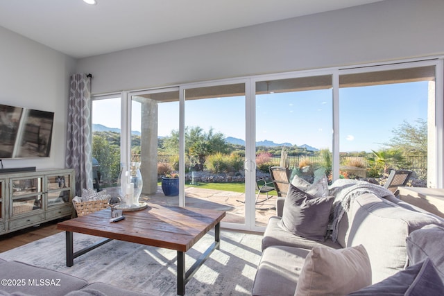 living room with wood finished floors and a mountain view