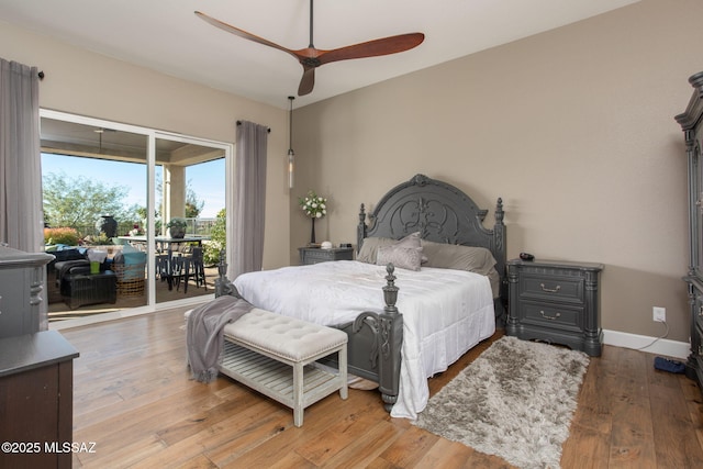 bedroom with access to exterior, a ceiling fan, baseboards, and light wood-style floors