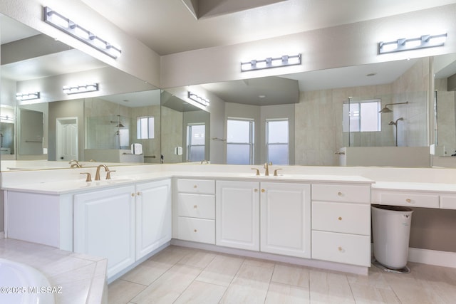 bathroom featuring double vanity, a walk in shower, and a sink