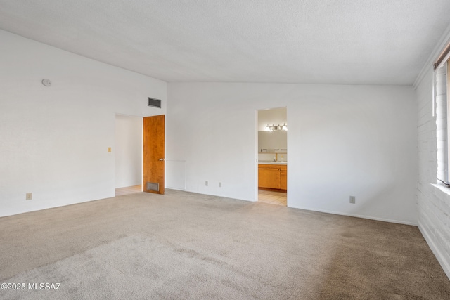 unfurnished room featuring visible vents, light carpet, vaulted ceiling, and a textured ceiling