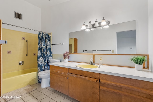 full bath with visible vents, toilet, tile patterned flooring, shower / bath combination with curtain, and vanity