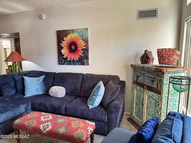 living room with carpet and a textured ceiling