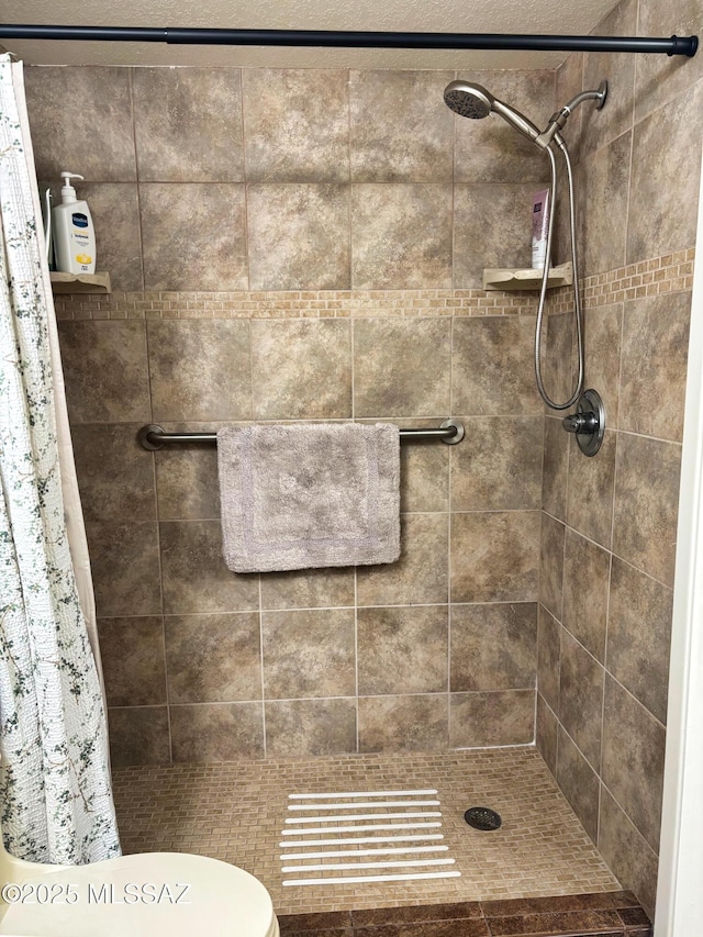 bathroom with toilet and a shower with shower curtain