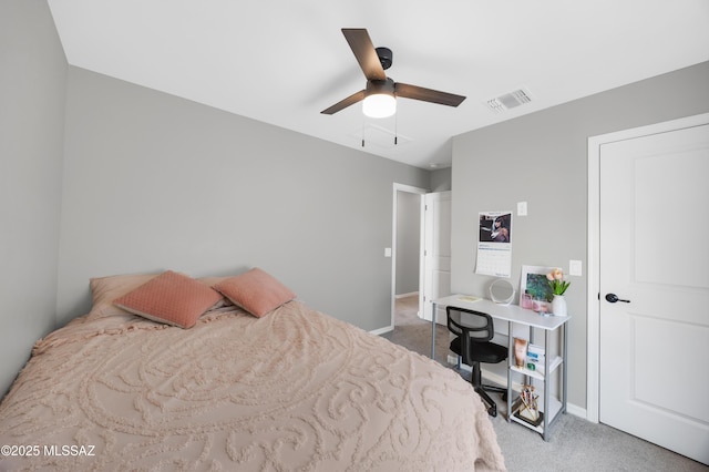 carpeted bedroom with ceiling fan