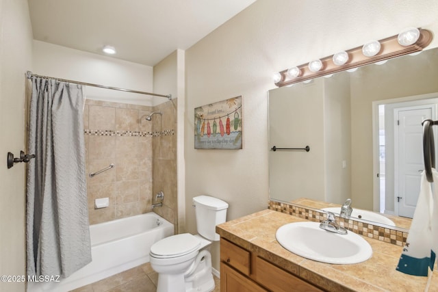 full bathroom featuring vanity, tile patterned floors, shower / bath combination with curtain, and toilet