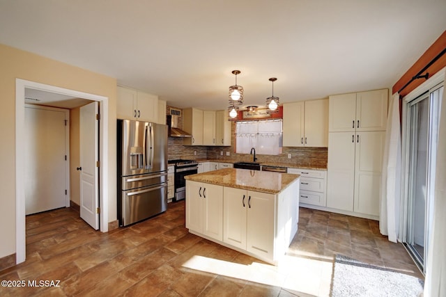 kitchen featuring appliances with stainless steel finishes, a kitchen island, sink, backsplash, and hanging light fixtures