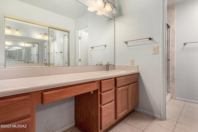 bathroom featuring tile patterned flooring, vanity, and walk in shower