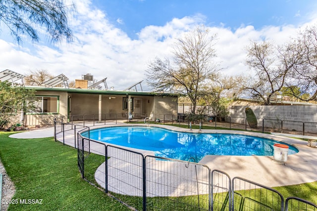 view of swimming pool featuring a diving board, a patio area, and a lawn