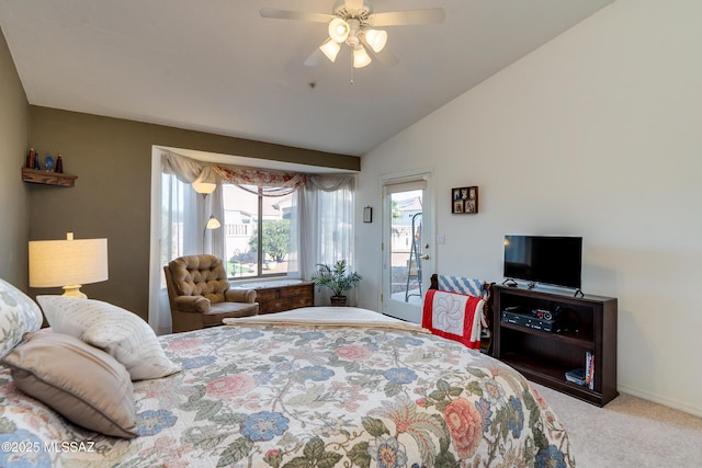 bedroom with lofted ceiling, light carpet, access to exterior, and ceiling fan