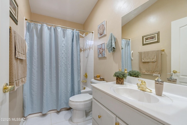 full bathroom featuring shower / bath combination with curtain, vanity, toilet, and tile patterned flooring