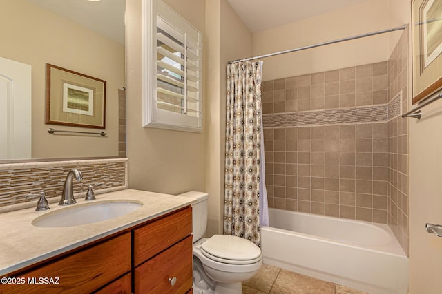 full bathroom featuring shower / tub combo, tile patterned flooring, vanity, decorative backsplash, and toilet