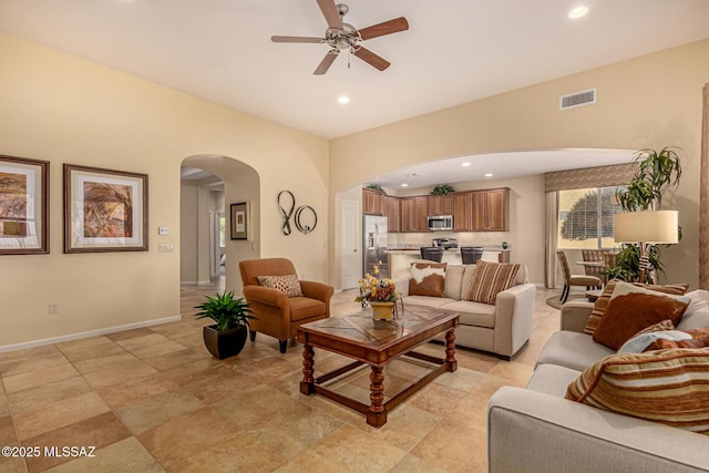 living room with ceiling fan