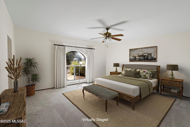 bedroom featuring light carpet, ceiling fan, and access to outside