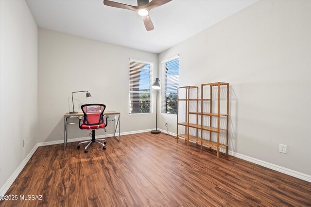 unfurnished bedroom featuring a closet, ceiling fan, and dark hardwood / wood-style flooring