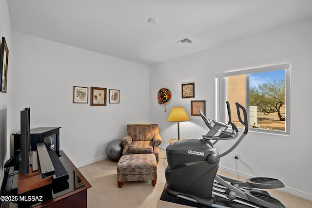 workout room with light colored carpet