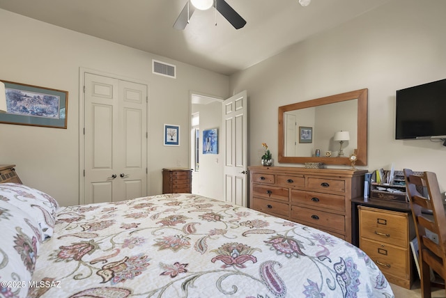 bedroom with ceiling fan and a closet