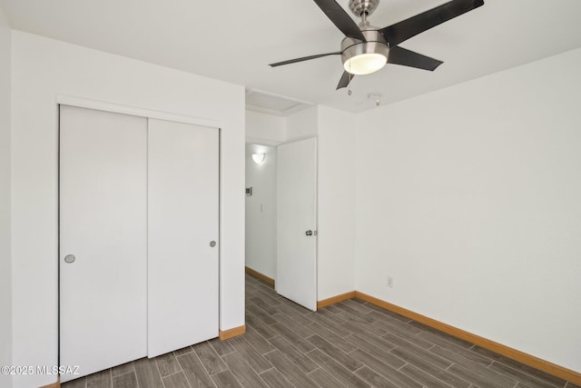 unfurnished bedroom with a closet and ceiling fan