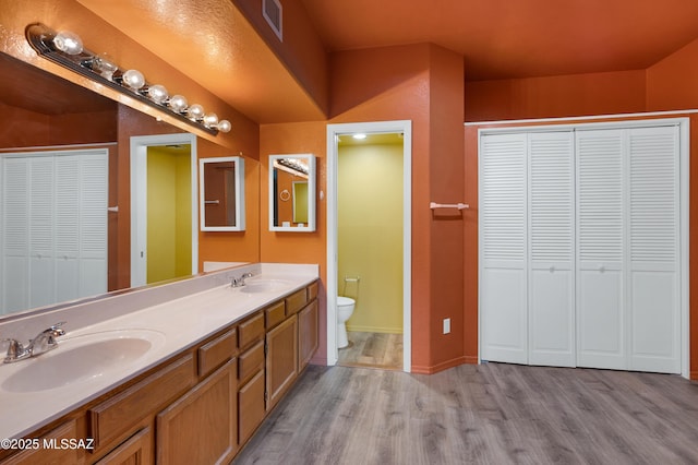 bathroom with wood-type flooring, toilet, and vanity