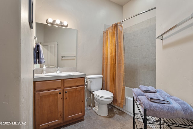bathroom featuring shower / bath combo, toilet, vanity, and tile patterned floors