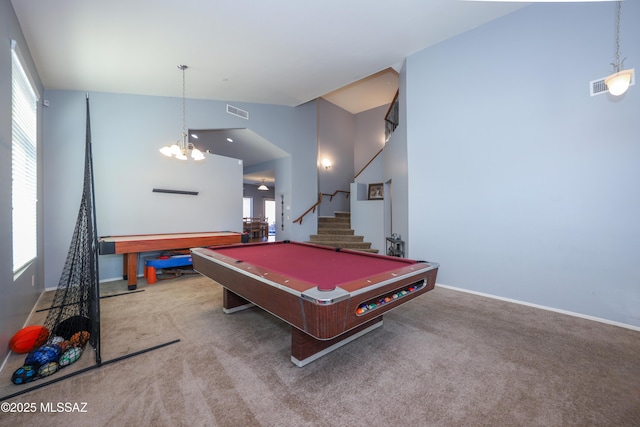 game room with billiards, carpet flooring, and lofted ceiling