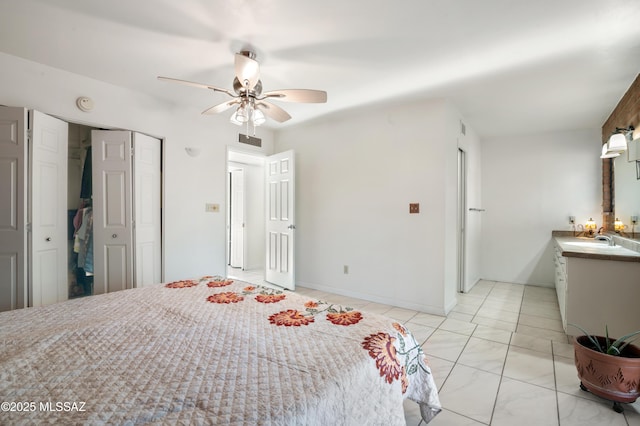 bedroom featuring ceiling fan and sink