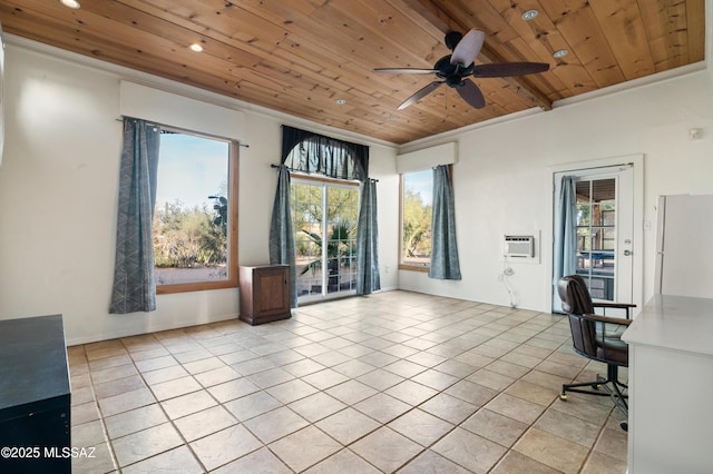 unfurnished office featuring wood ceiling, crown molding, light tile patterned floors, and a wealth of natural light