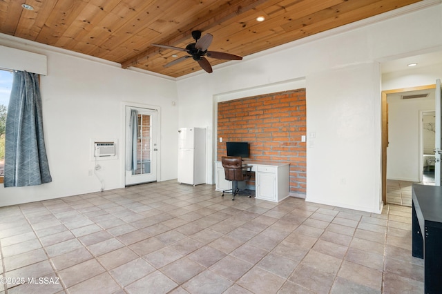 unfurnished living room with ornamental molding, a wall mounted AC, wooden ceiling, and ceiling fan