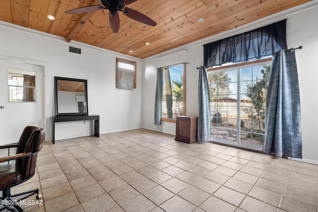 unfurnished office with light tile patterned flooring, ornamental molding, and wooden ceiling