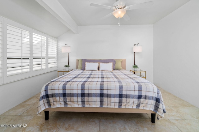 bedroom featuring ceiling fan and beam ceiling