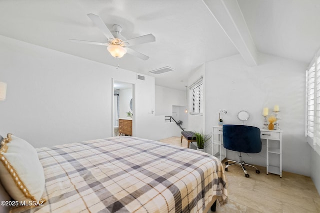 bedroom with multiple windows, ceiling fan, and lofted ceiling with beams