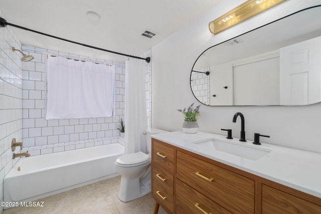 full bathroom with shower / tub combo, vanity, tile patterned flooring, and toilet