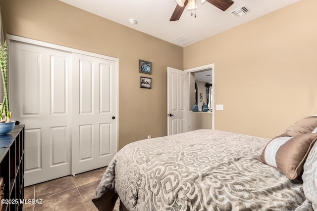 bedroom with ceiling fan and a closet