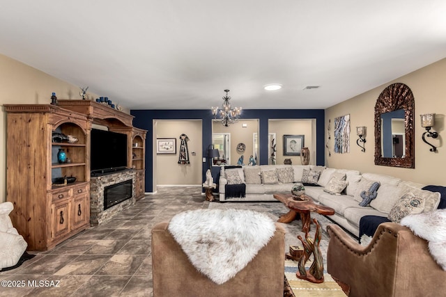 living room featuring a chandelier